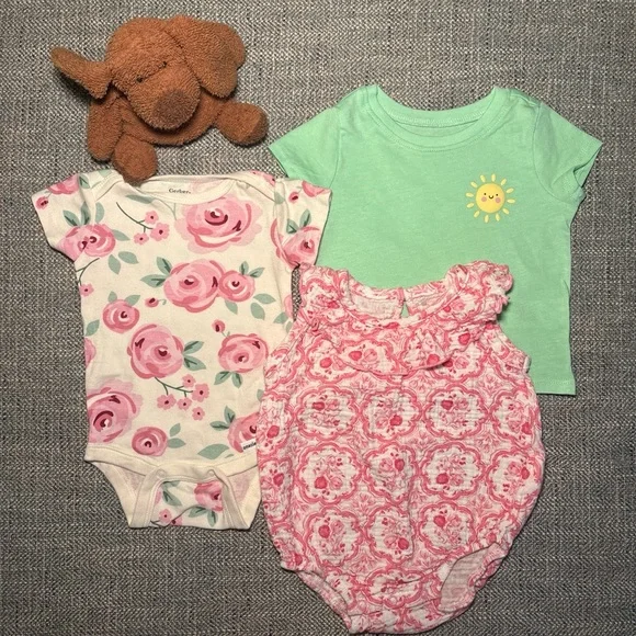 Baby Girl Bundle 0-3M Floral Gerber Onesie, Chic Pea Bodysuit 3-6m Sun Tshirt - Picture 2 of 9